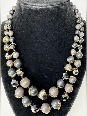 Signed Premier Designs Grey and Black Beaded Statement Necklace #1731